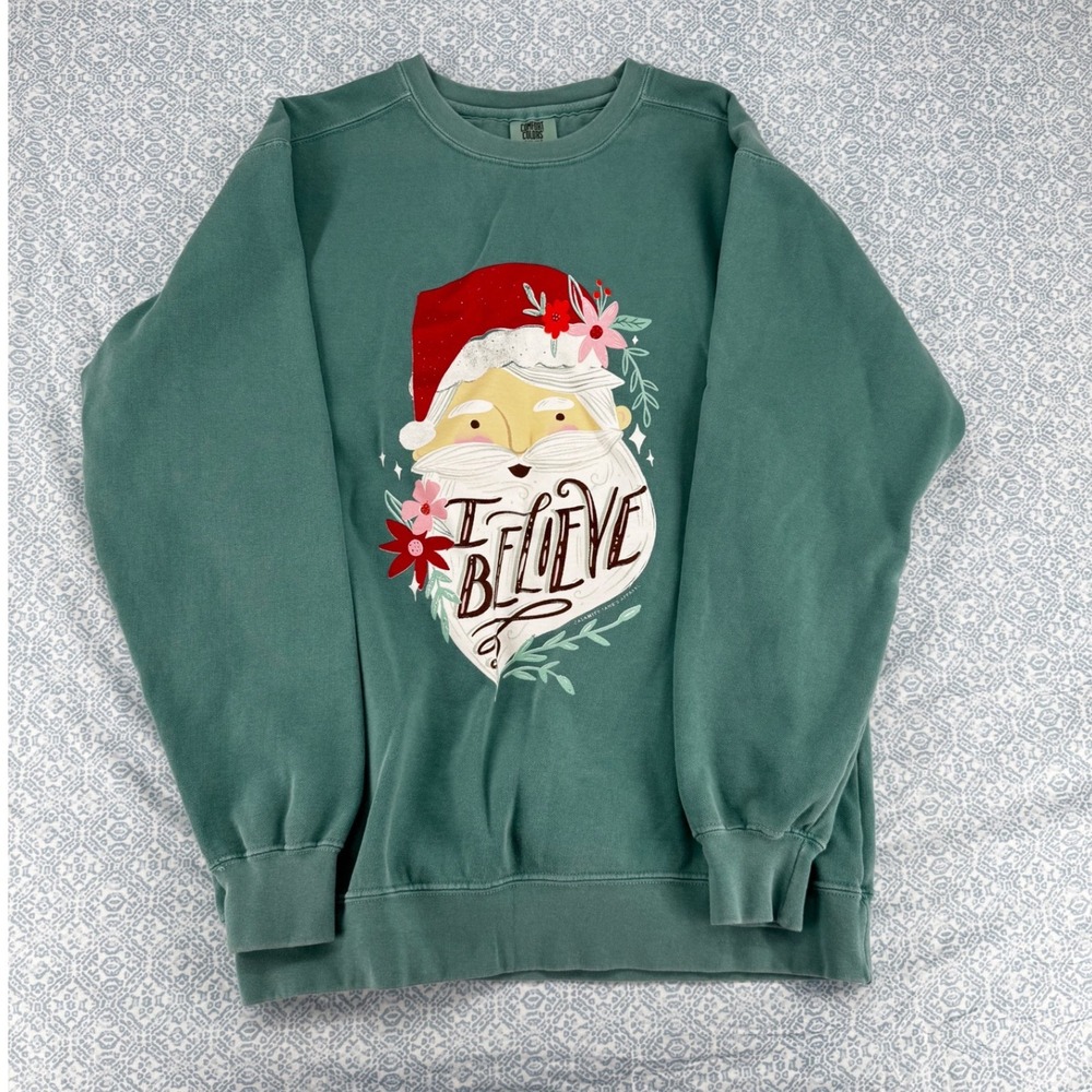 Comfort Colors I Believe Santa Claus Sweatshirt Green Christmas Crewneck Medium